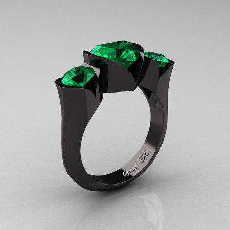 Nature Classic 14K Black Gold 2.0 Ct Heart Emerald Three Stone Floral Engagement Ring Wedding Ring R434-14KBGEM-1