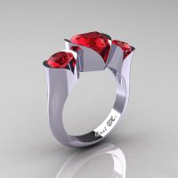 Nature Classic 10K White Gold 2.0 Ct Heart Rubies Three Stone Floral Engagement Ring Wedding Ring R434-10KWGR-1
