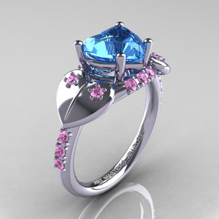 Classic Hearts 14K White Gold 2.0 Ct Blue Topaz Light Pink Sapphire Engagement Ring Y445-14KRGLPSBT-1