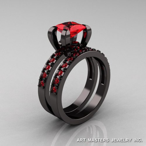 Modern French 14K Black Gold 1.0 Ct Princess Rubies Engagement Ring Weding Band Bridal Set AR125S-14KBGR-1