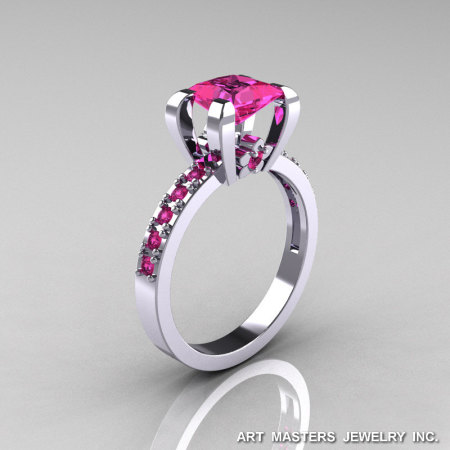 Classic French 14K White Gold 1.0 Ct Princess Pink Sapphire Engagement Ring AR125-14KWGPS-1