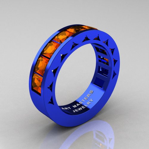Mens Modern Italian 14K Blue Gold Princess Orange Sapphire Channel Cluster Sun Wedding Ring R274-14BLOS-1