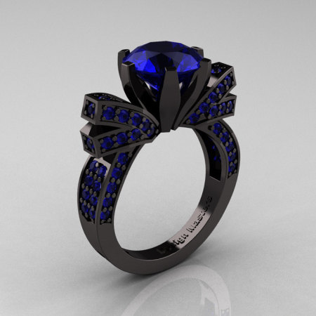 French 14K Black Gold 3.0 CT Blue Sapphire Engagement Ring Wedding Ring R382-14KBGBSS-1