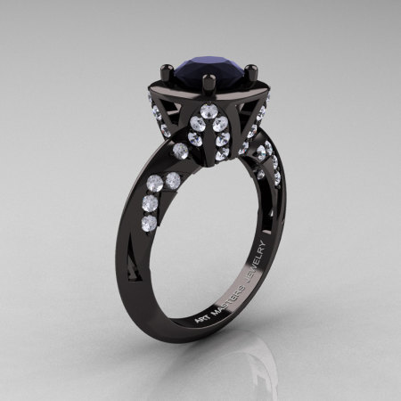 Classic French 14K Black Gold 1.0 Ct Black and White Diamond Engagement Ring Wedding RIng R502-14KBGDBD-1