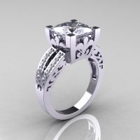 French Vintage 14K White Gold 3.8 Carat Princess Cubic Zirconia Diamond Solitaire Ring R222-WGDCZ-1