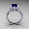 French Vintage 14K White Gold 3.8 Carat Princess Blue Sapphire Diamond Solitaire Ring R222-WGDBS-2