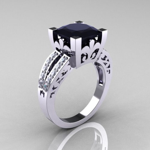 French Vintage 14K White Gold 3.8 Carat Princess Black and White Diamond Solitaire Ring R222-WGDBD-1