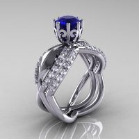 14k white gold blue sapphire diamond unusual unique floral engagement ring anniversary ring wedding band set R278S-WGDBS-1