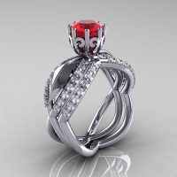 14k white gold ruby diamond unusual unique floral engagement ring anniversary ring wedding band set R278S-WGDR-1