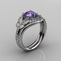 14KT White Gold Diamond Leaf and Vine Amethyst Wedding Band Engagement Ring Set NN117S-14KWGDAM Nature Inspired Jewelry-1
