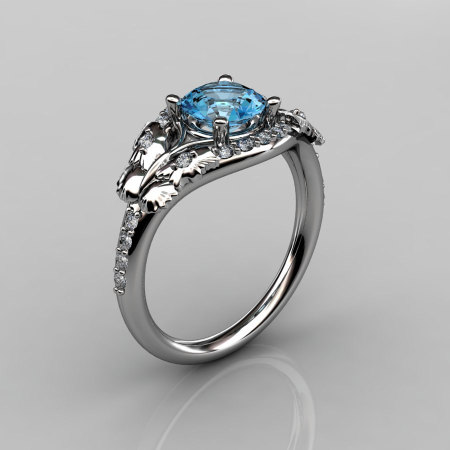 14KT White Gold Diamond Leaf and Vine Blue Topaz Wedding Ring Engagement Ring NN117-14KWGDBT Nature Inspired Jewelry-1
