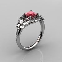 14KT White Gold Diamond Leaf and Vine Ruby Wedding Ring Engagement Ring NN117-14KWGDR Nature Inspired Jewelry-1