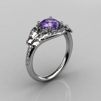 14KT White Gold Diamond Leaf and Vine Amethyst Wedding Ring Engagement Ring NN117-14KWGDAM Nature Inspired Jewelry-1