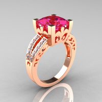 French Vintage 14K Rose Gold 3.8 Carat Princess Pink Sapphire Diamond Solitaire Ring R222-RGDPS-1