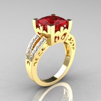 French Vintage 14K Yellow Gold 3.8 Carat Princess Ruby Diamond Solitaire Ring R222-YGDR-1