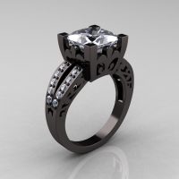 French Vintage 14K Black Gold 3.8 Carat Princess Cubic Zirconia Diamond Solitaire Ring R222-BGDCZ-1