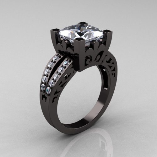 French Vintage 14K Black Gold 3.8 Carat Princess Cubic Zirconia Diamond Solitaire Ring R222-BGDCZ-1