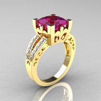 French Vintage 14K Yellow Gold 3.8 Carat Princess Amethyst Diamond Solitaire Ring R222-YGDAM-1