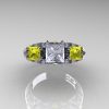 Classic 18K White Gold Three Stone Princess White and Yellow Sapphire Solitaire Engagement Ring R500-18KWGYSWS-3