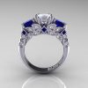 Classic 14K White Gold Three Stone Princess White and Blue Sapphire Diamond Solitaire Engagement Ring R500-14KWGDBSWS-2