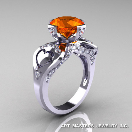 Modern Victorian 14K White Gold 3.0 Ct Padparadscha Sapphire Diamond Solitaire Ring R248-14KWGDPAS-1