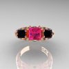 Classic 14K Rose Gold Three Stone Princess Pink Sapphire Black Diamond Solitaire Engagement Ring R500-14KRGBDPS-3