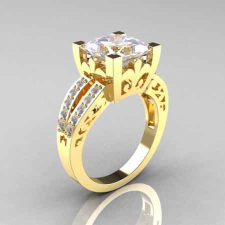 French Vintage 14K Yellow Gold Princess Cubic Zirconia Diamond Solitaire Ring R222-YGDCZ-1