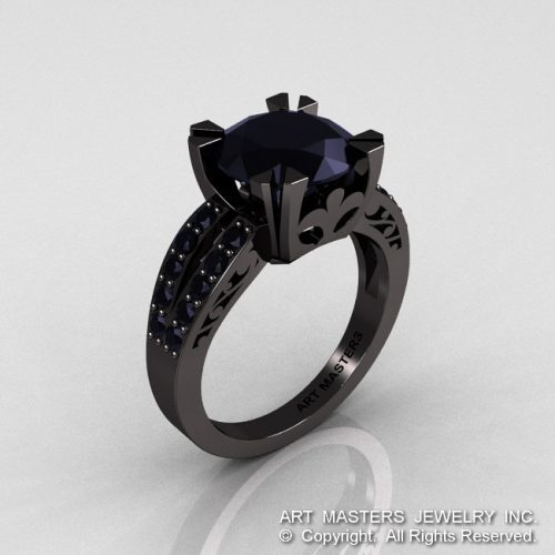 Modern Vintage 14K Black Gold 3.0 Black Onyx Black Diamond Solitaire Ring R102-14KBGBDO-1