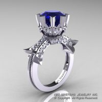 Modern Vintage 14K White Gold 3.0 Ct Blue Sapphire Diamond Solitaire Engagement Ring R253-14KWGDBS-1