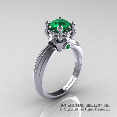 Classic Victorian 14K White Gold 1.0 Ct Emerald Solitaire Engagement Ring R506-14KWGEM-1