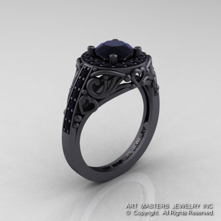 Italian 14K Matte Black Gold 1.0 Ct Black Diamond Engagement Ring Wedding Ring R280-14KMBGBD-1