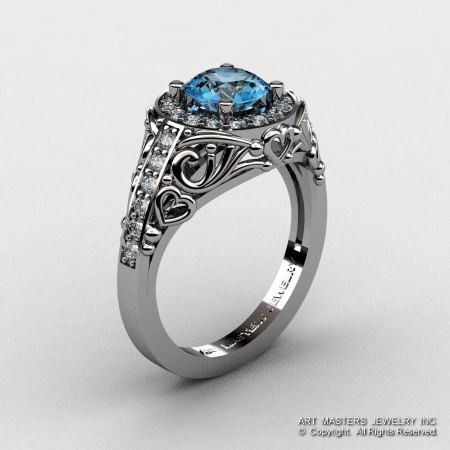Italian 14K White Gold 1.0 Ct Aquamarine Diamond Engagement Ring Wedding Ring R280-14KWGDAQUA-1
