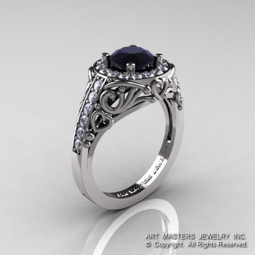 Italian 14K White Gold 1.0 Ct Black and White Diamond Engagement Ring Wedding Ring R280-14KWGDBD-1