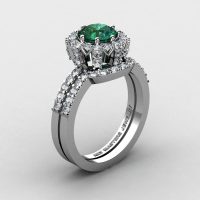 French 14K White Gold 1.0 Ct Chatham Emerald Diamond Engagement Ring Wedding Band Set R408S-14KWGDCEM-1