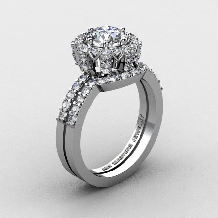French 14K White Gold 1.0 Ct White Sapphire Diamond Engagement Ring Wedding Band Set R408S-14KWGDWS-1