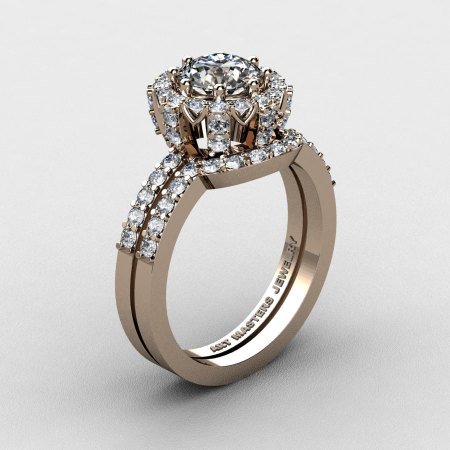 French 14K Rose Gold 1.0 Ct White Topaz Engagement Ring Wedding Band Set R408S-14KRGDWT-1