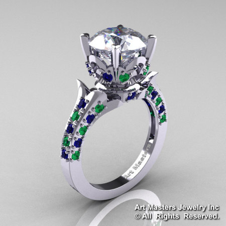 Exclusive 14K White Gold 3.0 Carat White and Blue Sapphire Emerald Solitaire Ring R401-14KWGEMBSWS-1