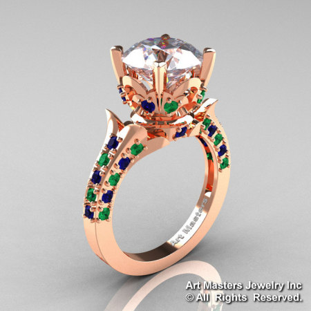 Exclusive 14K Rose Gold 3.0 Carat White and Blue Sapphire Emerald Solitaire Ring R401-14KRGEMBSWS-1