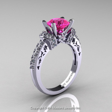 Modern Armenian Classic 14K White Gold 1.5 Ct Pink Sapphire Diamond Wedding Ring R137-14KWGDPS-1
