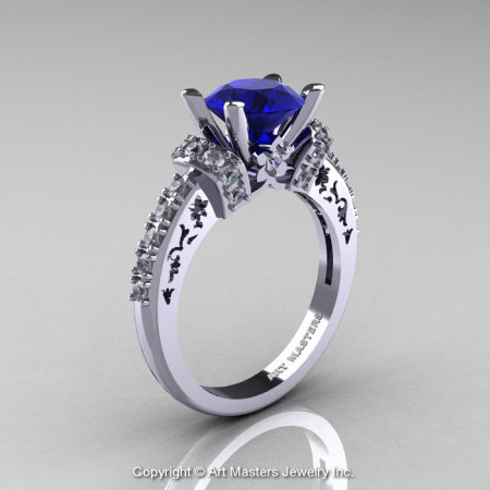 Modern Armenian Classic 14K White Gold 1.5 Ct Blue Sapphire Diamond Wedding Ring R137-14KWGDBS-1