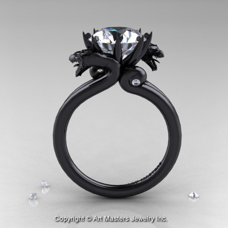 Art Masters 14K Black Gold 3.0 Ct White Sapphire Diamond Dragon Engagement Ring R601-14KBGDWS-1