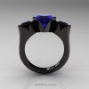 Nature Classic 14K Black Gold 2.0 Ct Heart Blue Sapphire Black Diamond Three Stone Floral Engagement Ring Wedding Ring R434-14KBGBDBS-2