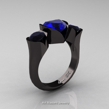 Nature Classic 14K Black Gold 2.0 Ct Heart Blue Sapphire Black Diamond Three Stone Floral Engagement Ring Wedding Ring R434-14KBGBDBS-1