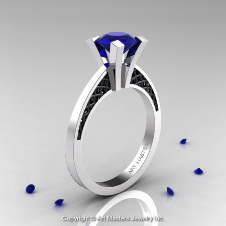 Modern Armenian 14K White Gold Black Gold Lace 1.0 Ct Blue Sapphire Solitaire Engagement Ring R308-14KWGBGBS-1