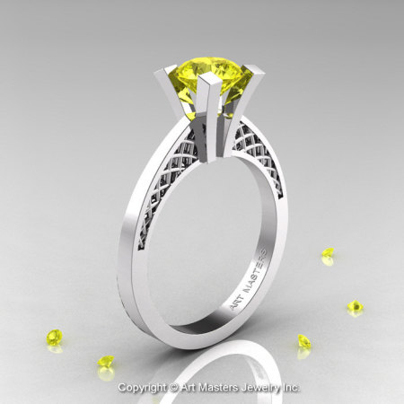 Modern Armenian 14K White Gold Lace 1.0 Ct Yellow Sapphire Solitaire Engagement Ring R308-14KWGYS-1