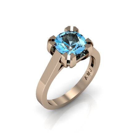 Modern 14K Rose Gold Gorgeous Solitaire Bridal Ring with a 2.0 Carat Blue Topaz Center Stone R66N-14KRGBT-1