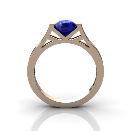 Modern 14K Rose Gold Elegant and Luxurious Engagement Ring or Wedding Ring with a Blue Sapphire Center Stone R667-14KRGBS-1
