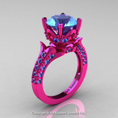 Classic French 14K Fuchsia Pink Gold 3.0 Ct Blue Topaz Solitaire Wedding Ring R401-14KFPGBT-1