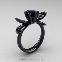 14K Black Gold 1.0 Ct Black and White Diamond Nature Inspired Engagement Ring Wedding Ring R671-14KBGDBD-1