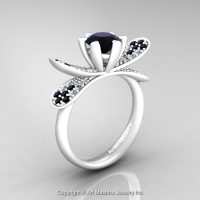 Organic Design 14K Ceramic White Gold 1.0 Ct Black and White Diamond Nature Inspired Engagement Ring Wedding Ring R671-14KCWGDBD-1